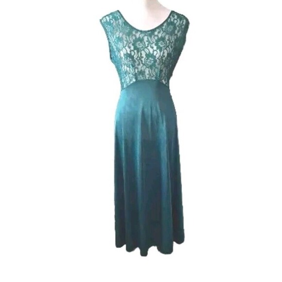 VTG Adonna Nightgown Slip Dress Med Green Sheer Lace Bodice Crisscross Coquette - Picture 2 of 14